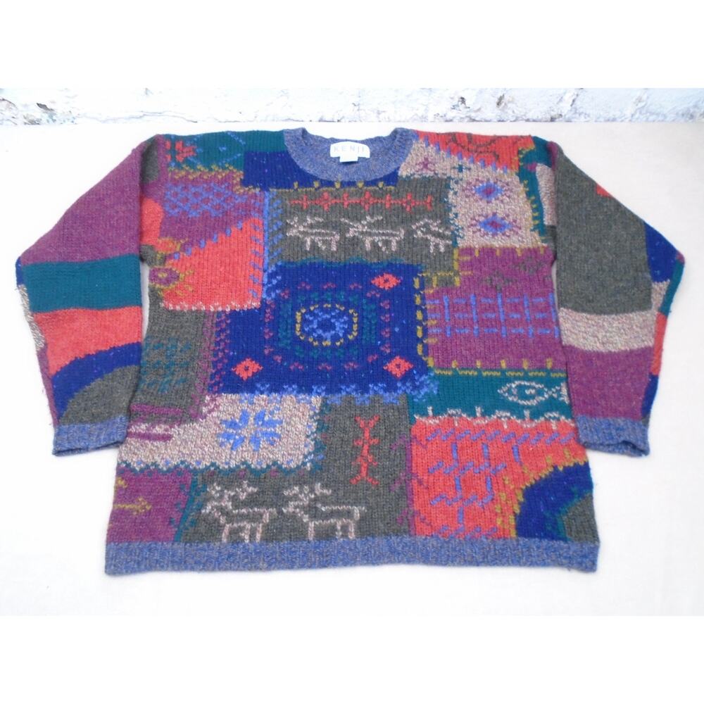Kenji Wool Sweater 100% Shetland Vintage 90s Holiday Winter Cozy Reindeer Size S